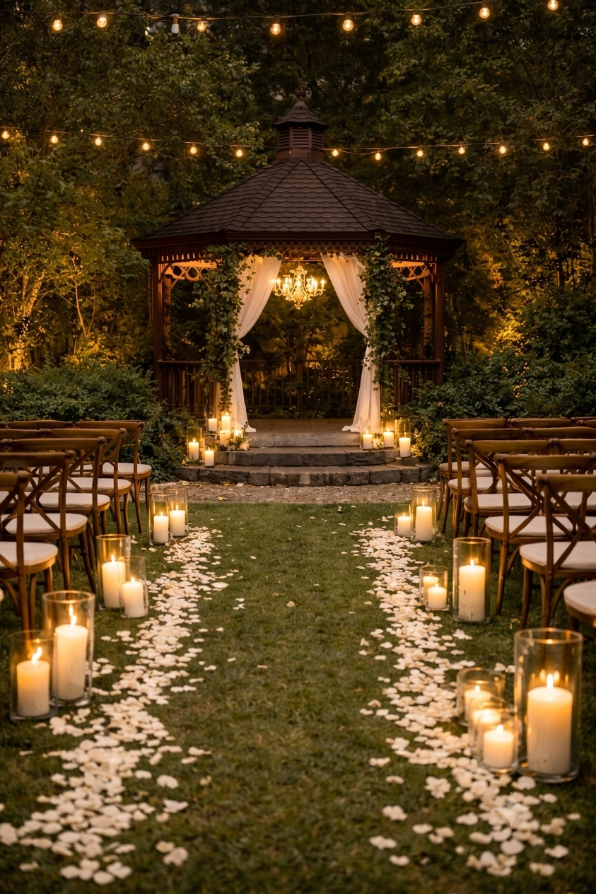 Candlelit countryside ceremony with gazebo and rose petal aisle
