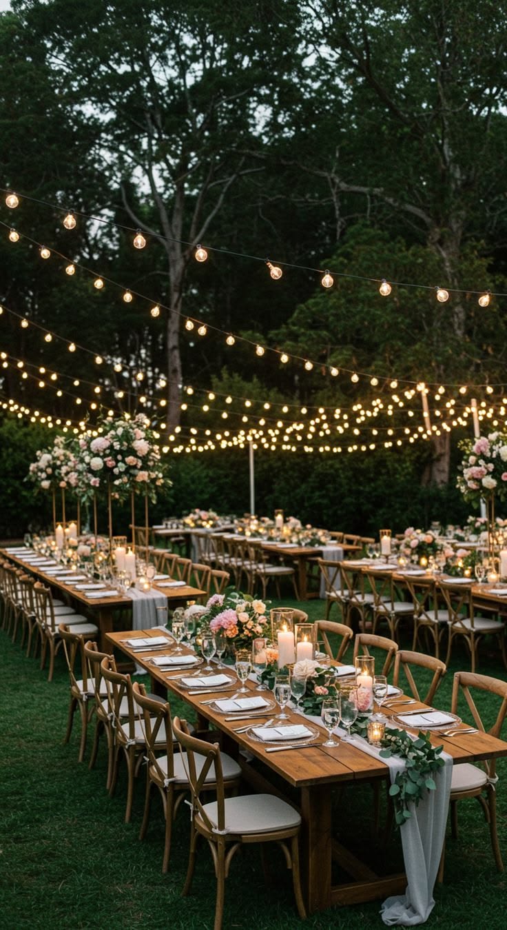 Candlelit reception table at dusk